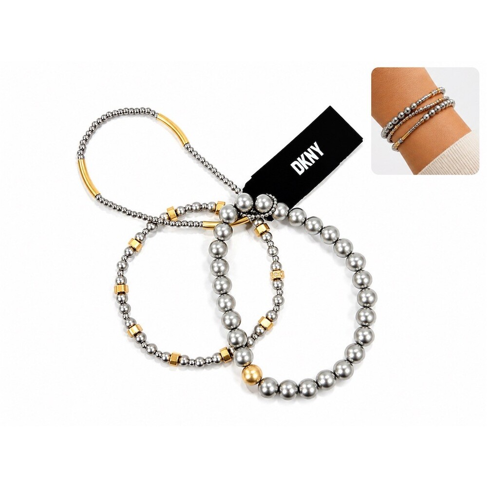 DKNY Bracelet Set 3-Piece Stretch Beaded Stackable Silver Gold mixed metals $48